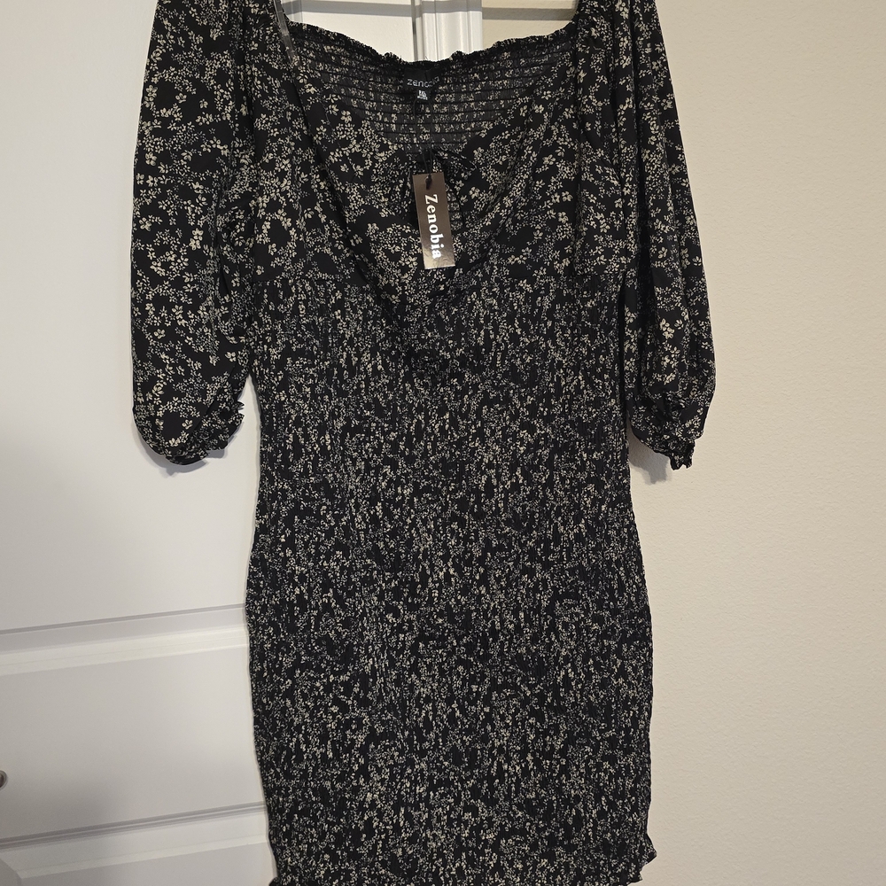 Zenobia Black and Cream Floral Mini Dress